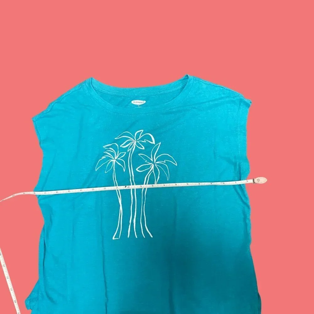Old Navy Palm Tree Graphic Tank Top – Blue Linen Blend Women’s Size M - Picture 4 of 6